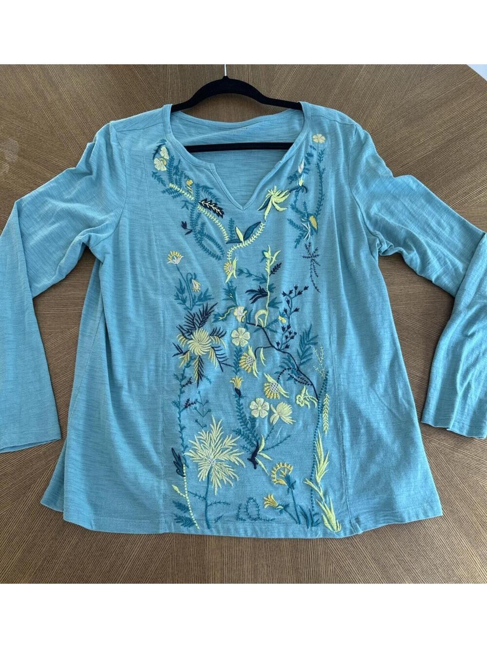 Coldwater Creek Top Womens M Blue Floral Embroidered Applique Boho Long Sleeve